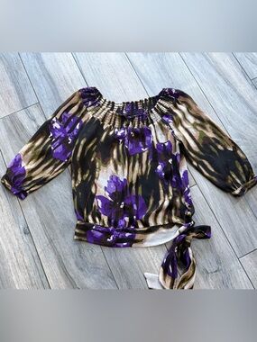 Women's Floral Tie-Hem Top in Purple and Olive
